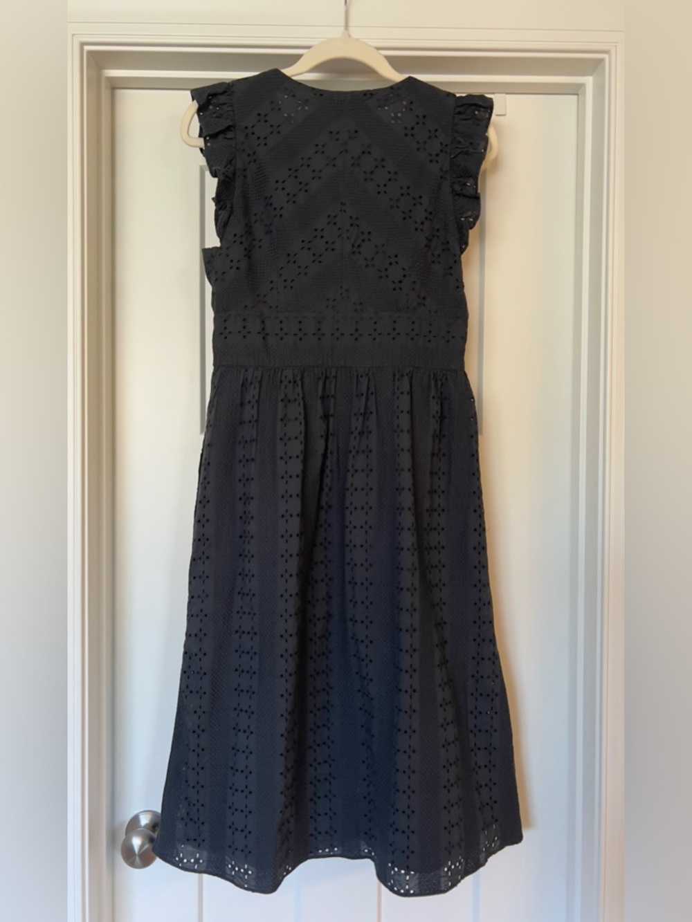 J.Crew Women’s Black Eyelet Midi Button Up Ruffle Sleeve Dress Size 8 - Picture 2 of 10